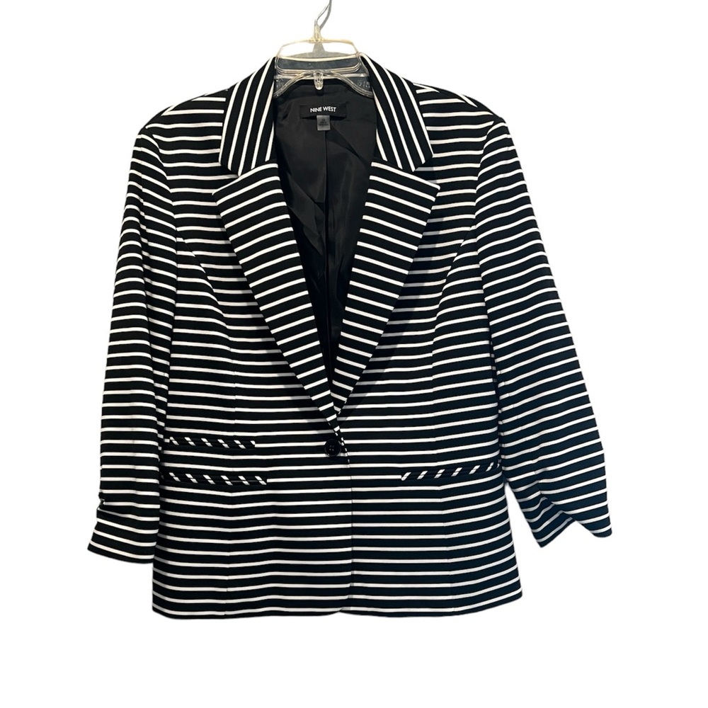 Nine West Black White Striped Blazer Jacket One Button Ruched Sleeves Size 14